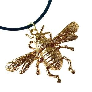 Gold Bumble Bee Pendant Necklace Black Leather Cord 20-22" Insect Bea Plated